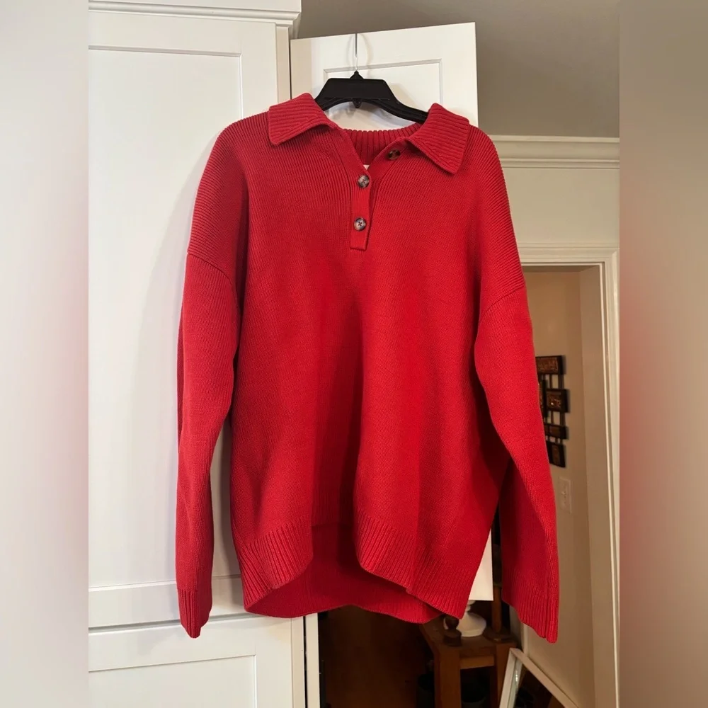 new Reformation Brooklyn Cotton polo button pullover sweater in red - Picture 2 of 6